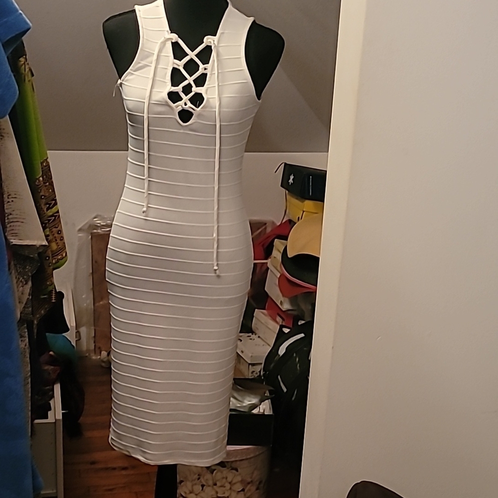 Machine White Midi Bodycon Dress with Tie Front and Halter Neckline